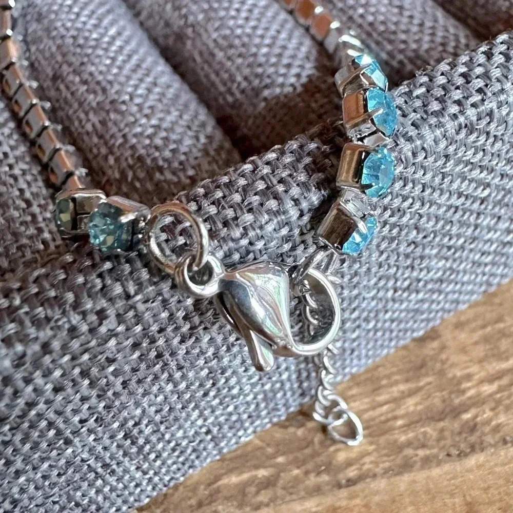 Lt Blue Aquamarine Colored CZ Stainless Steel Tennis Bracelet March Birthstone - Picture 3 of 4